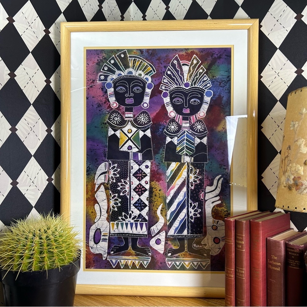 Grand 32” Batik Tribal King Queen Folk Style Framed Art 1970s Indonesia